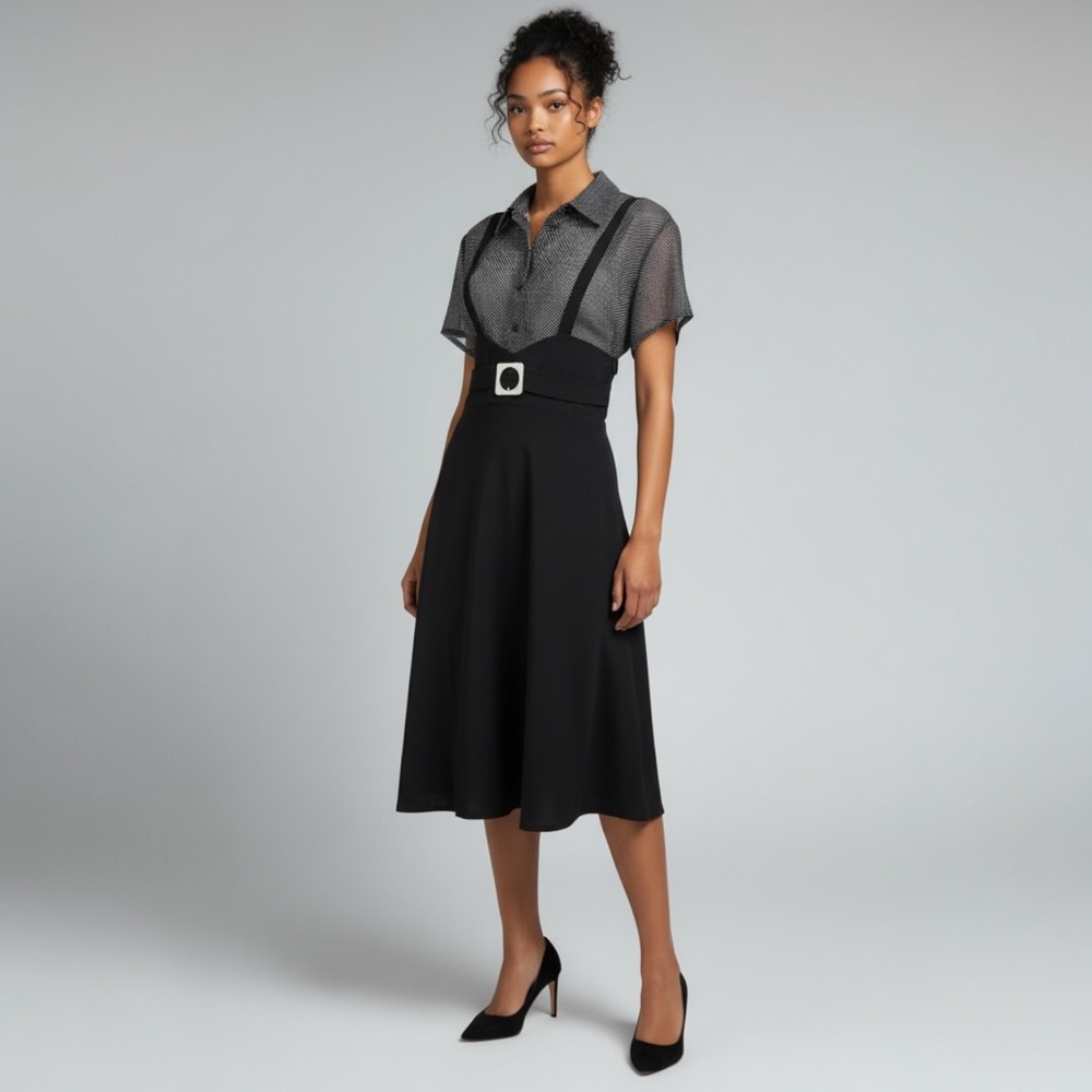 Suspender Swing Skirt with High Waist and Buckle